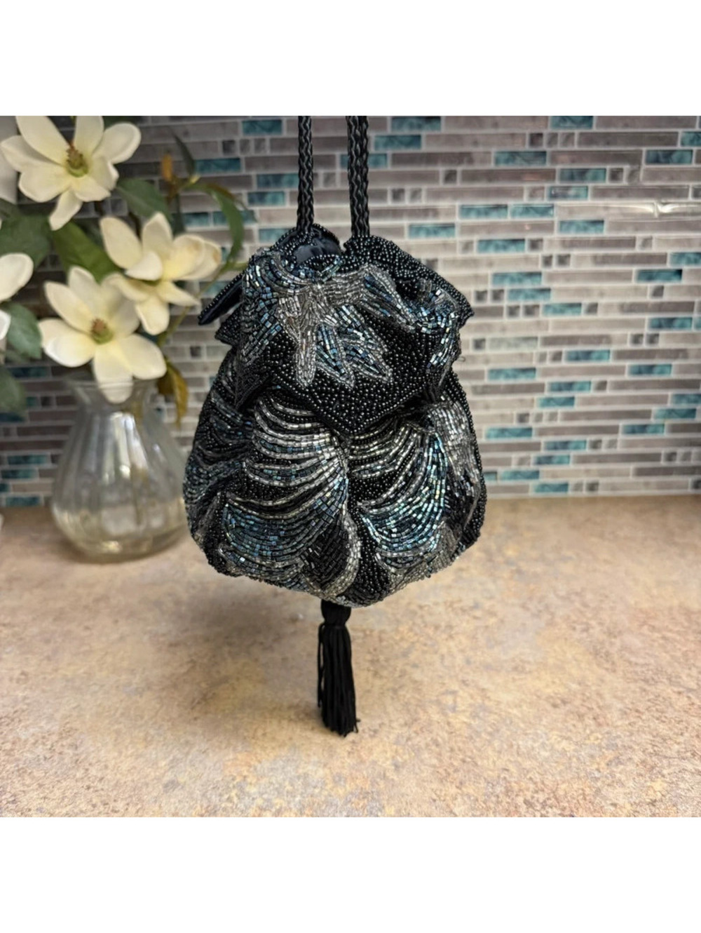 Vintage Beaded Drawstring Pouch Purse Black Art Deco Style Evening Bag Tassel